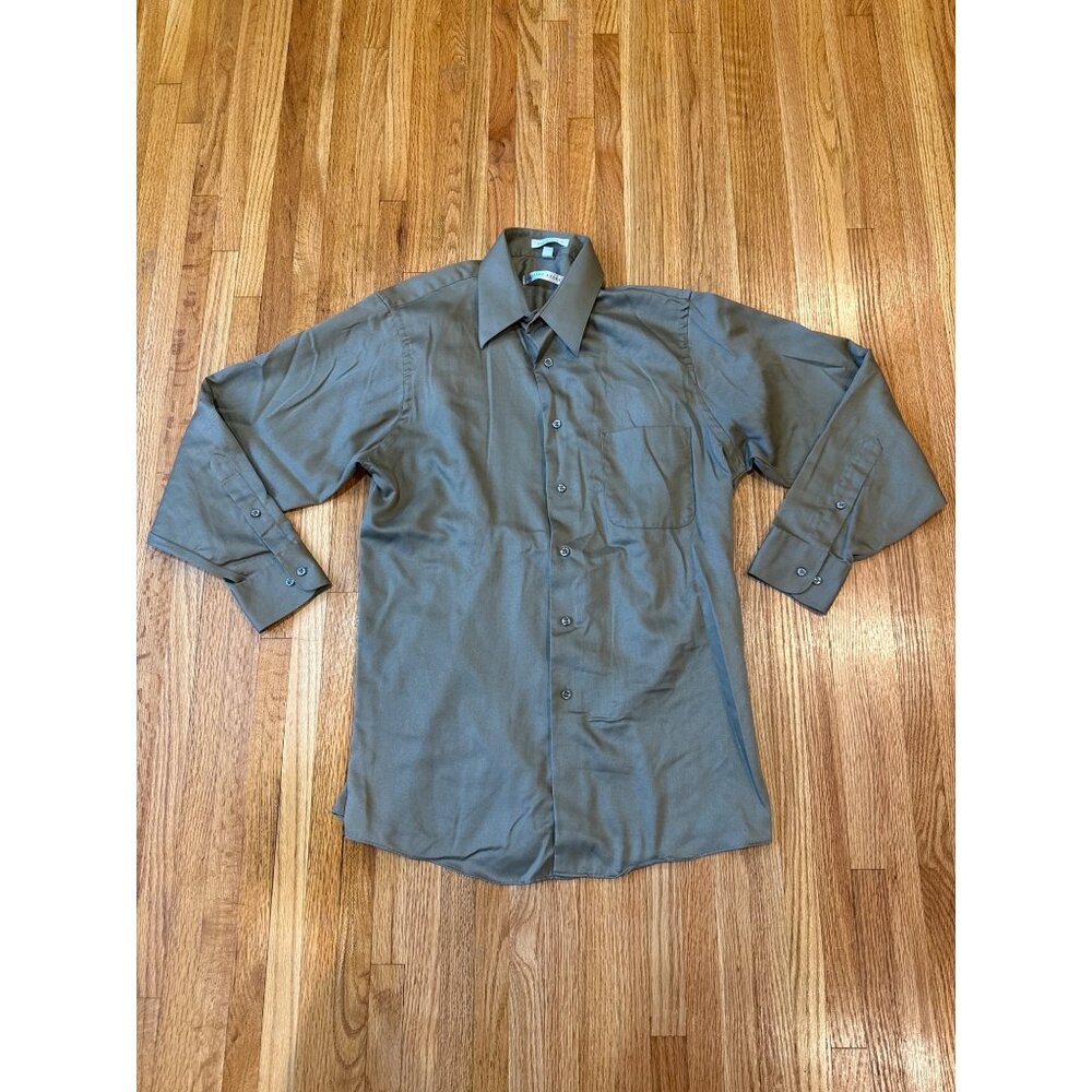 Geoffrey Beene Mens Sateen Olive Green Long Sleeve Button-Down M 15 1/2 32/33